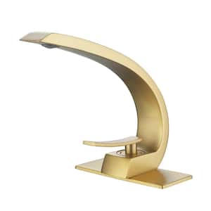 Single-Handle Deck-Mount Roman Tub Faucet with Deckplate Modern 1-Hole Brass Bathtub Faucets in Brushed Gold