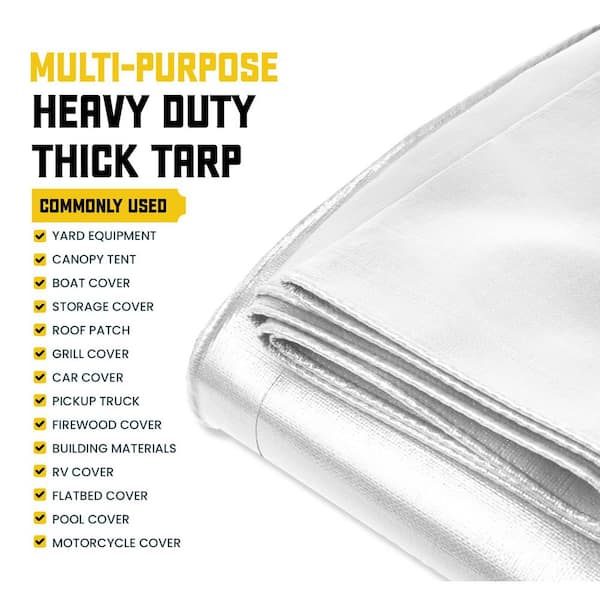 12 ft. x 20 ft. Heavy-Duty Commercial White Tarp Cover 10 Mil Thick Weave Material, Waterproof
