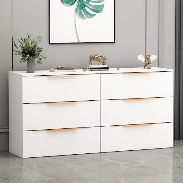 6-Drawers White Paint Finish Wood Dresser Vanity Cabinet Organizer 63 in. W x 15.7 in. D x 31.1 in. H