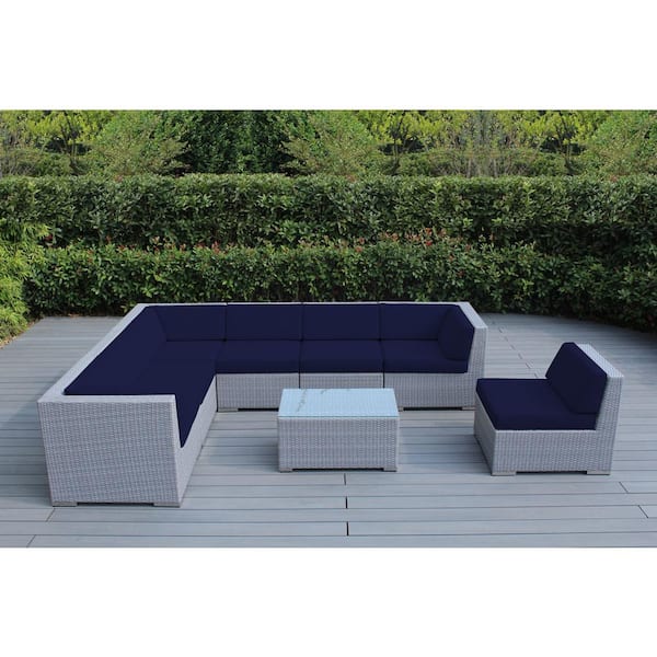 Ohana Depot Gray 8-Piece Wicker Patio Seating Set with Sunbrella Navy Cushions