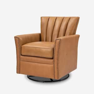 Adela Camel Genuine Leather Swivel Rocking Chair with Nailhead Trims and Metal Base