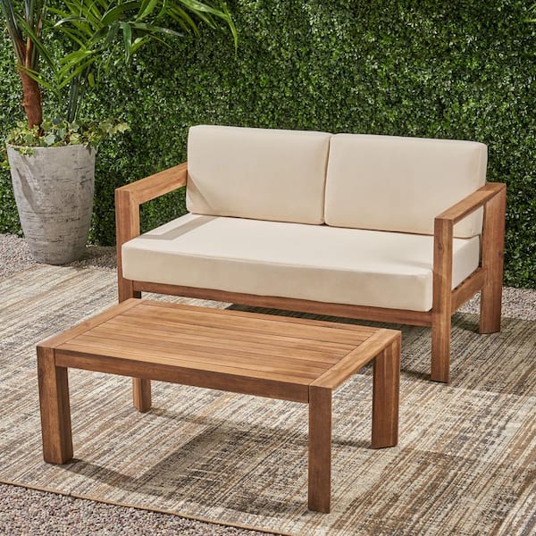 Genser Brown 2-Piece Wooden Outdoor Patio Conversation Set with Beige Cushions