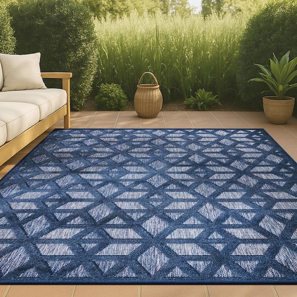 Talaia Neutral Geometric Navy 8 ft. x 10 ft. Indoor/Outdoor Area Rug