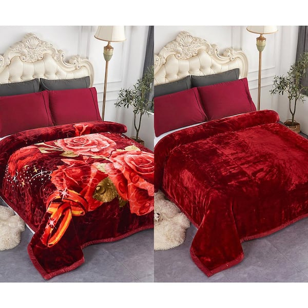 JML Burgundy 2-Ply 85 in. x 95 in. Reversible Polyester Silky Raschel Blanket, Wrinkle and Fade Resistant Bed Warm Blanket