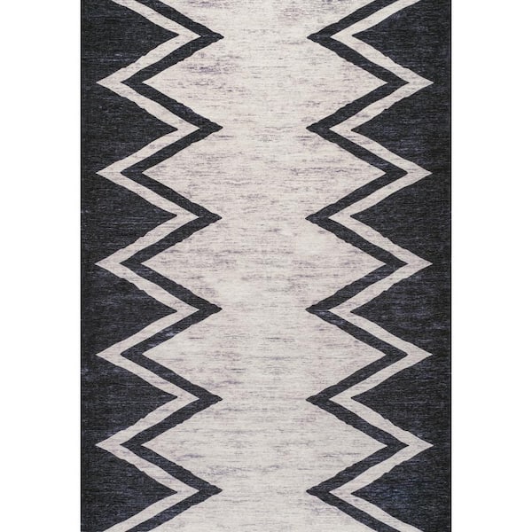 Siksak Modern Chevron Border Ivory/Black 9 ft. x 12 ft. Area Rug