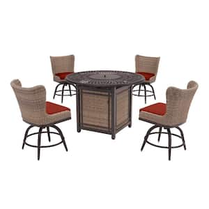 Hazelhurst 5-Piece Brown Wicker Outdoor Patio High Dining Fire Pit Seating Set with Sunbrella Henna Red Cushions