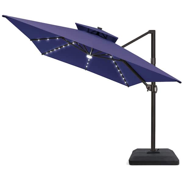 10 ft. x 13 ft. Solar LED 2-Tier Outdoor Cantilever 360° Rotation Tilt Patio Umbrella with Weights Base in Navy