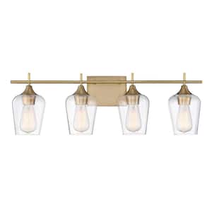 Octave 28.75 in. W x 9 in. H 4-Light Warm Brass Bathroom Vanity Light with Clear Glass Shades