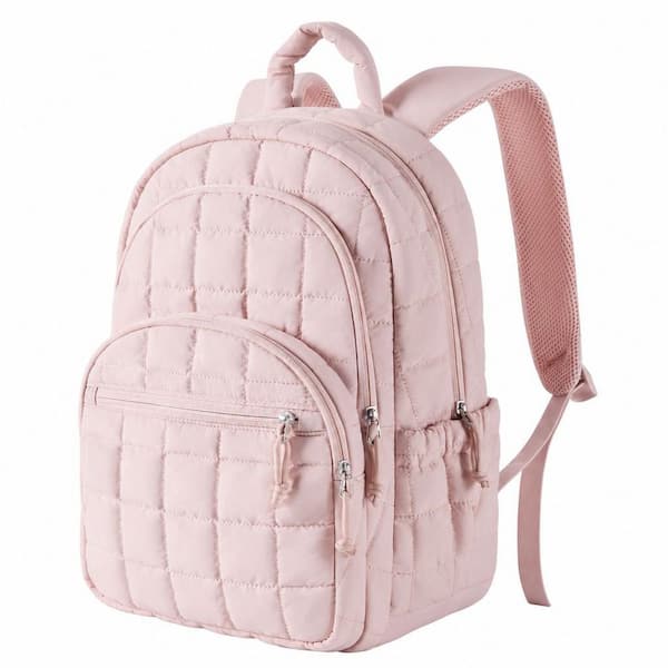 17.3 in. Pink Quilted Laptop Backpack with Water Resistant Fabric, Luggage Strap & 15.6 Inch Padded Laptop Compartment