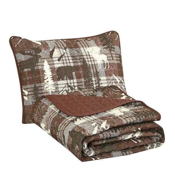 JB607 Burgundy Rustic Wildlife Reversible Queen Polyester Quilt Bedspread Set