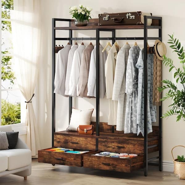 Carmalita Brown Wood 47.24 in. Armoire with 4 Drawers and 8 Hooks, Freestanding Clothing Rack for Bedroom Living Room