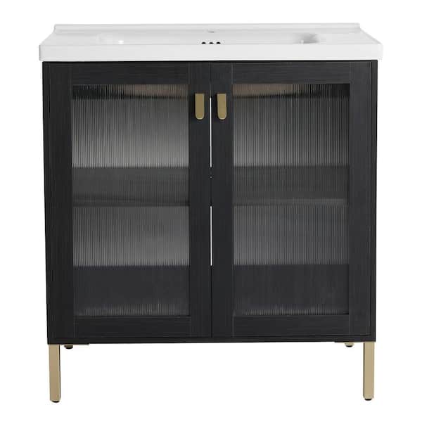 Modland Yunus 31 in. W x 18 in. D x 34 in. H Single Sink Freestanding Bath Vanity in Black with White Ceramic Top
