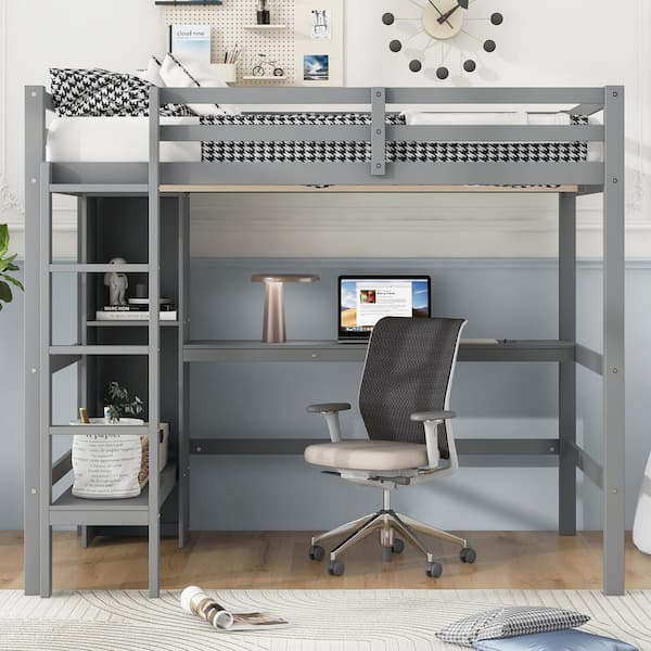 Gray Full Size Wood Loft Bed with Multifunction Shelves and Under-Bed Desk