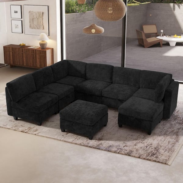Claire 128 in. Square Arm 8-Piece Chenille Modular Convertible Sectional Sofa in. Black with Storage, 2 Ottomans