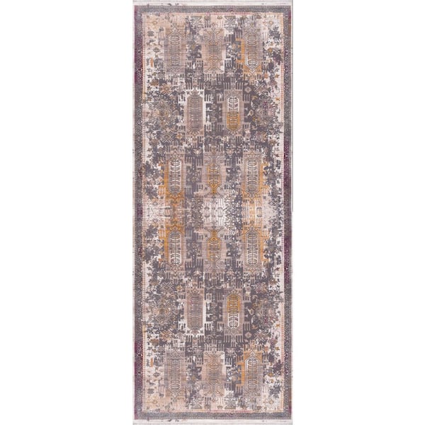 Amalfi Grey Beige, Boho 2 ft. x 19 ft. South-Western Indoor Runner Rug