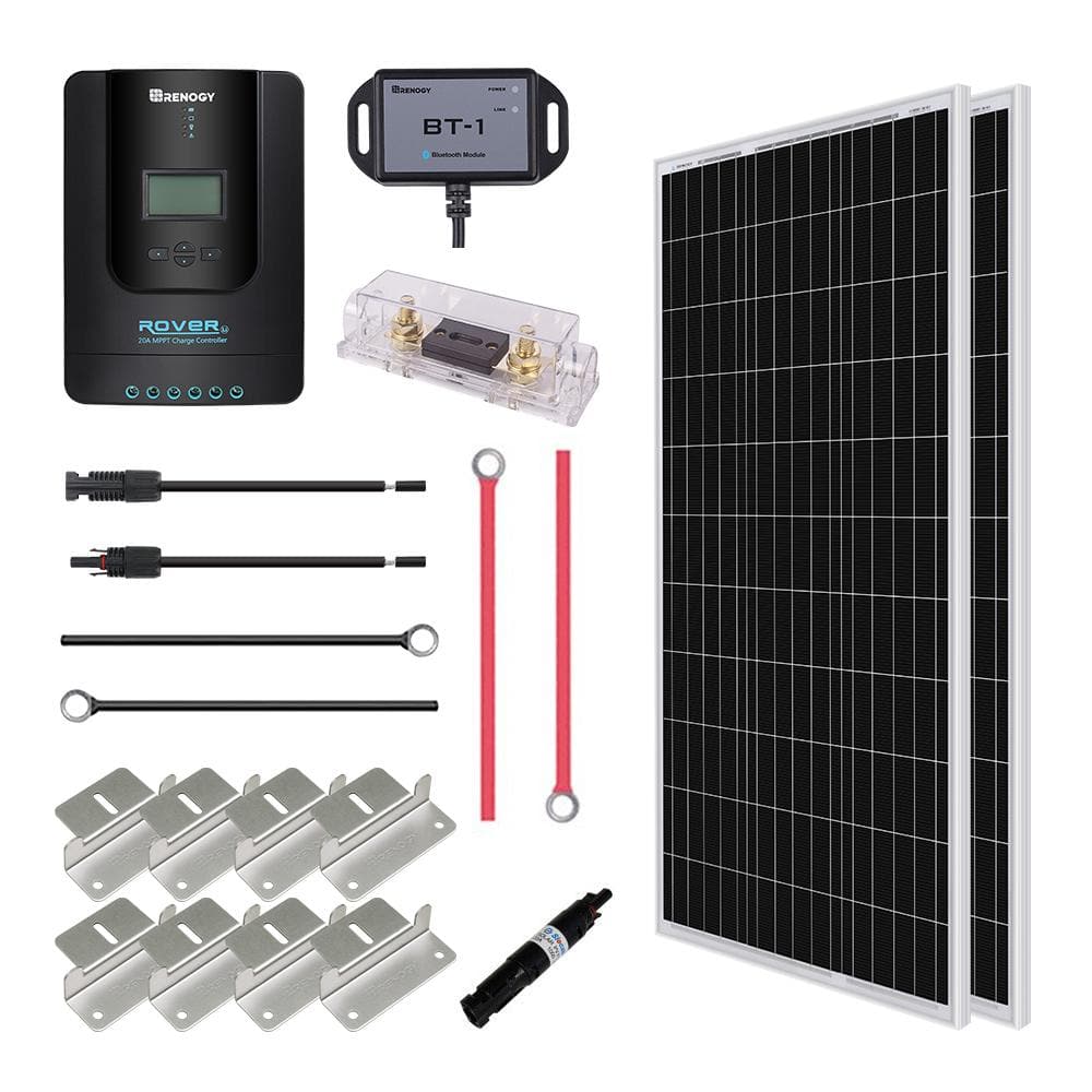 Renogy - Kit básico de panel solar monocristalino de 200 vatios y 12  voltios, con 2 paneles solares de 100 vatios y regulador de carga PWM de 30  A para casa rodante, lancha, tráiler y sistema aislado : Patio, Césped y  Jardín 