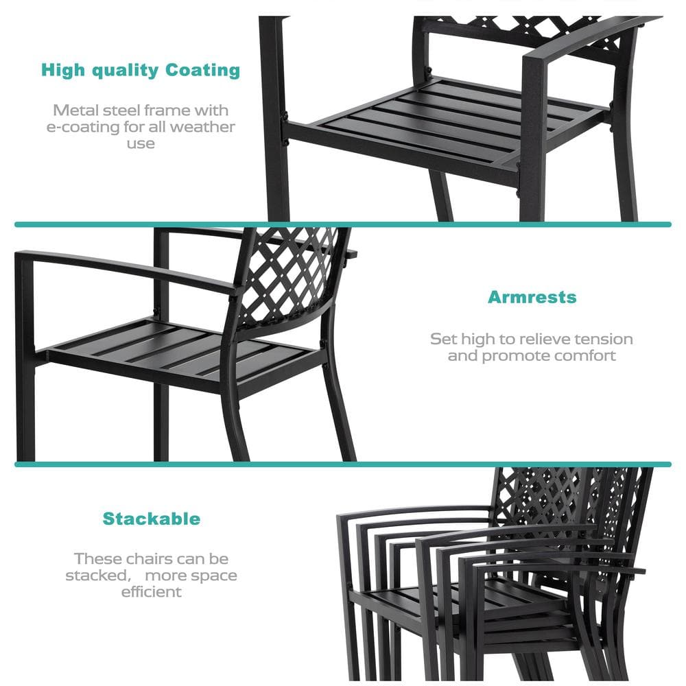 Black Iron Stackable Outdoor Dining Armchairs, Set of 4