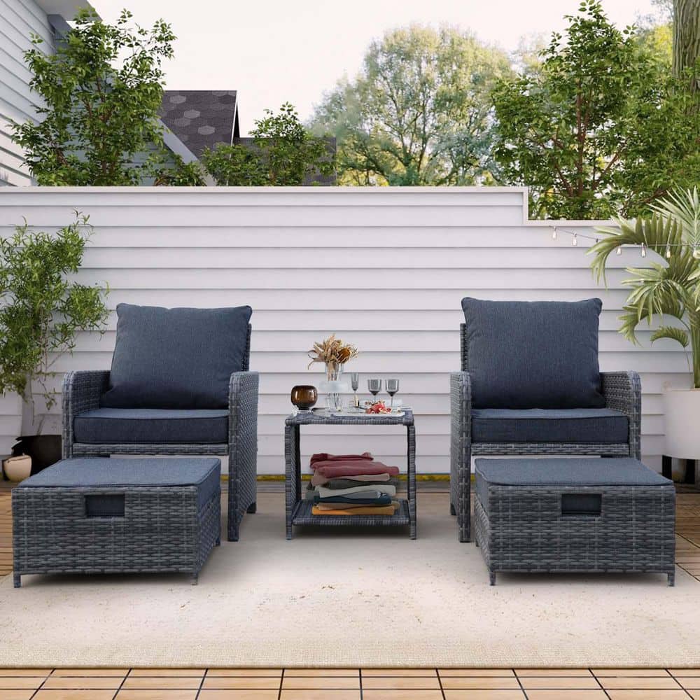 5-Piece Wicker Patio Conversation Set with Gray Cushions, with 2 Chairs, 2 
