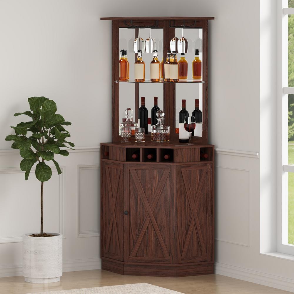 Black Walnut Corner Industrial Bar Cabinet with Glass Holder