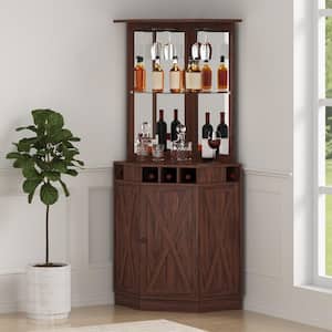 Corner Industrial Bar Cabinet for Liquor and Glasses MDF Freestanding Farmhouse Wood Coffee Bar Cabinet