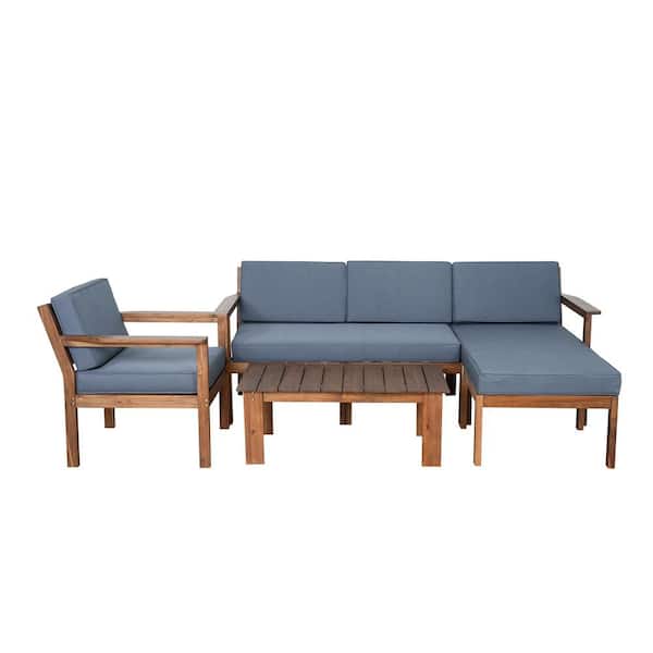 Unbranded Wood Outdoor Sectional Set, Patio Multi-Person Sofa Set with Table and Gray Cushions for Gardens, Backyards, Balconies