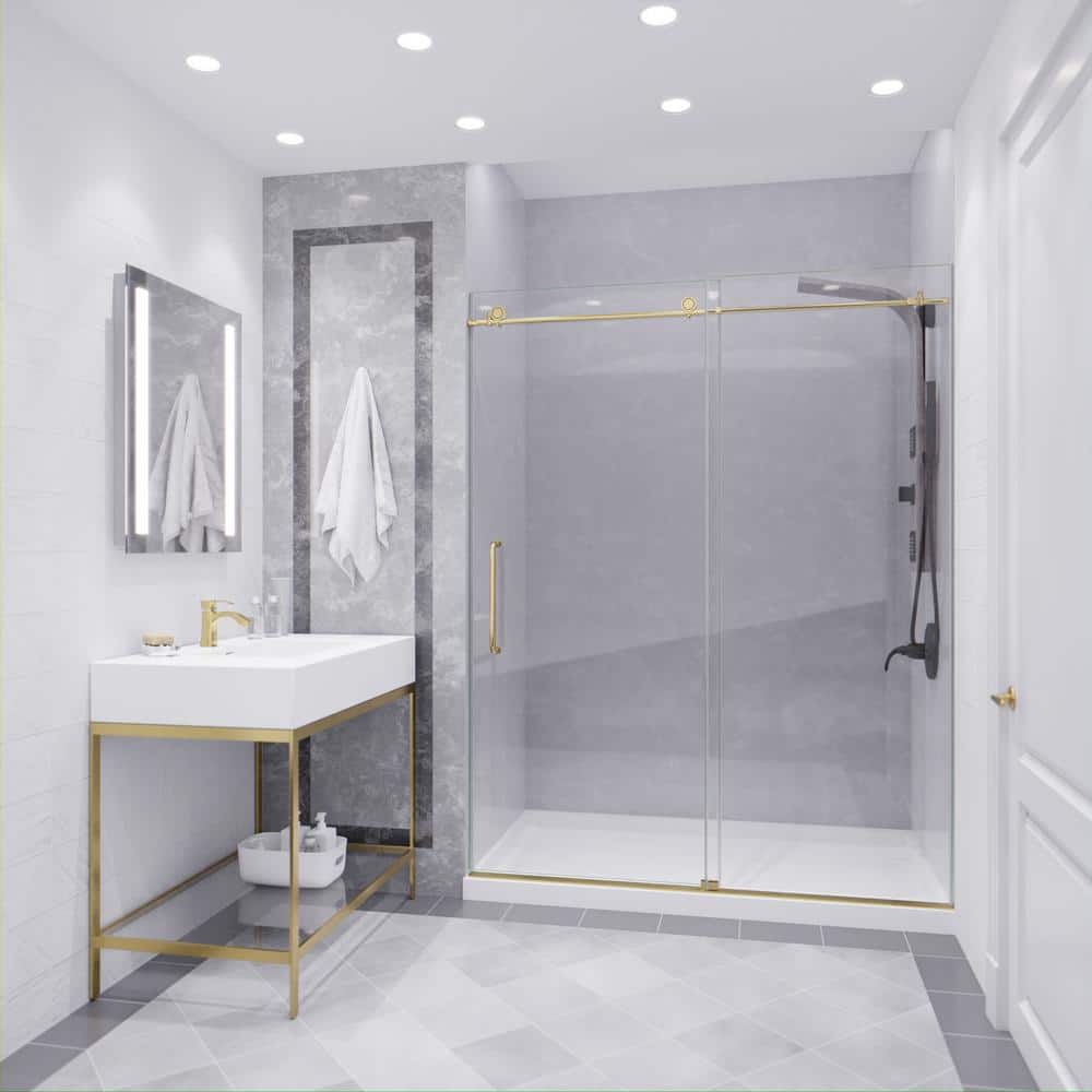 Leon Series 60 in. x 76 in. H Sliding Frameless Shower Door in Brushed Gold