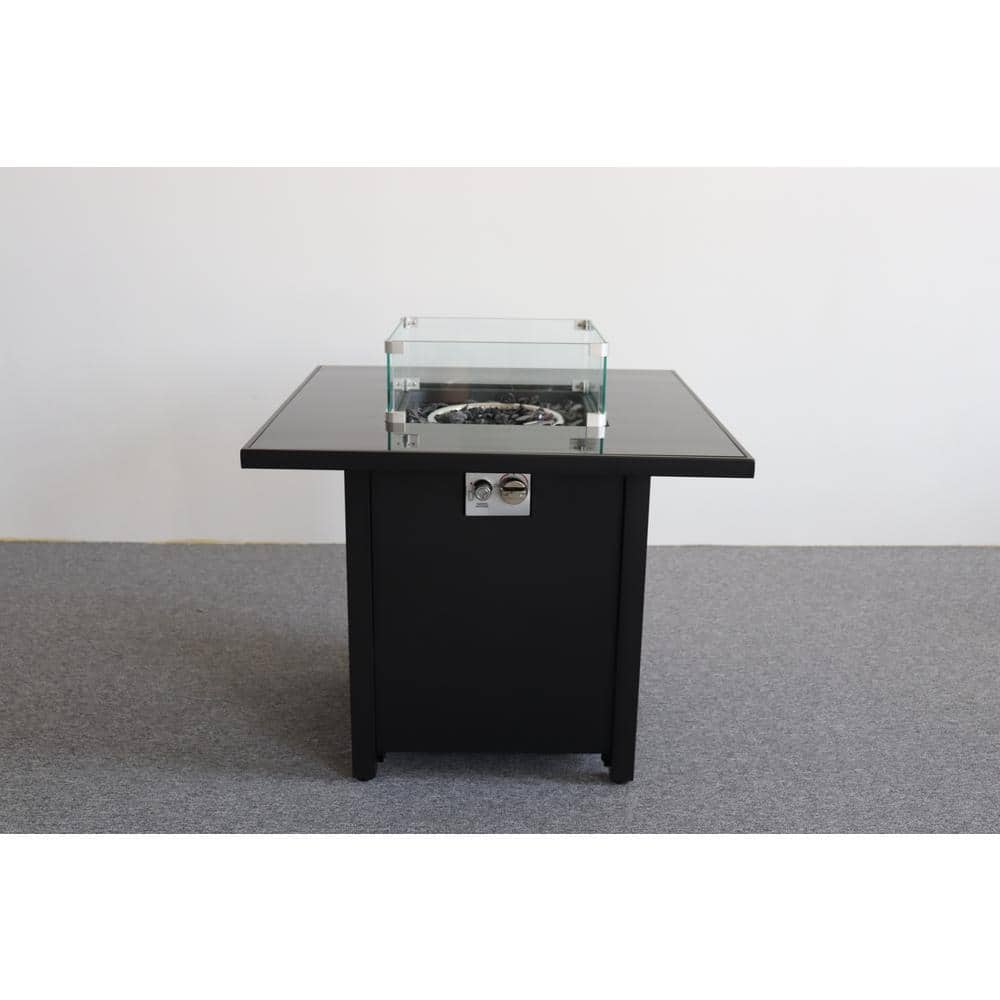 30 in. Black Square Metal Outdoor Fire Pit with Smoked Glass Top