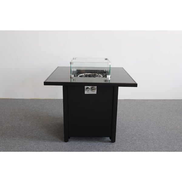 30 in. Black Square Metal Outdoor Fire Pit with Smoked Glass Top