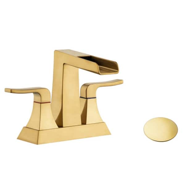 4 in. Centerset Double Handle Bathroom Faucet with Waterfall Spout, ABS Pop-Up Drain and Supply Lines in Brushed Gold
