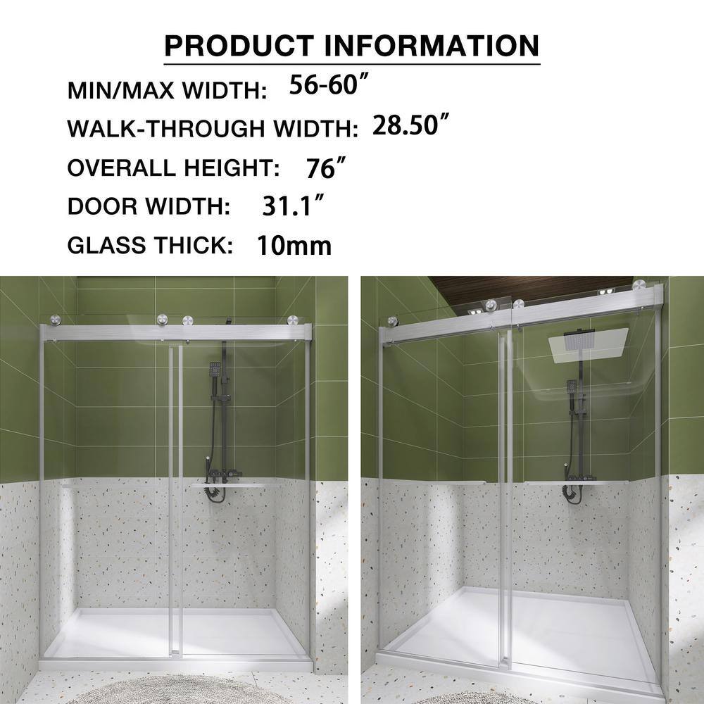 60'' Brushed Nickel Frameless Sliding Shower Door with Clear Glass