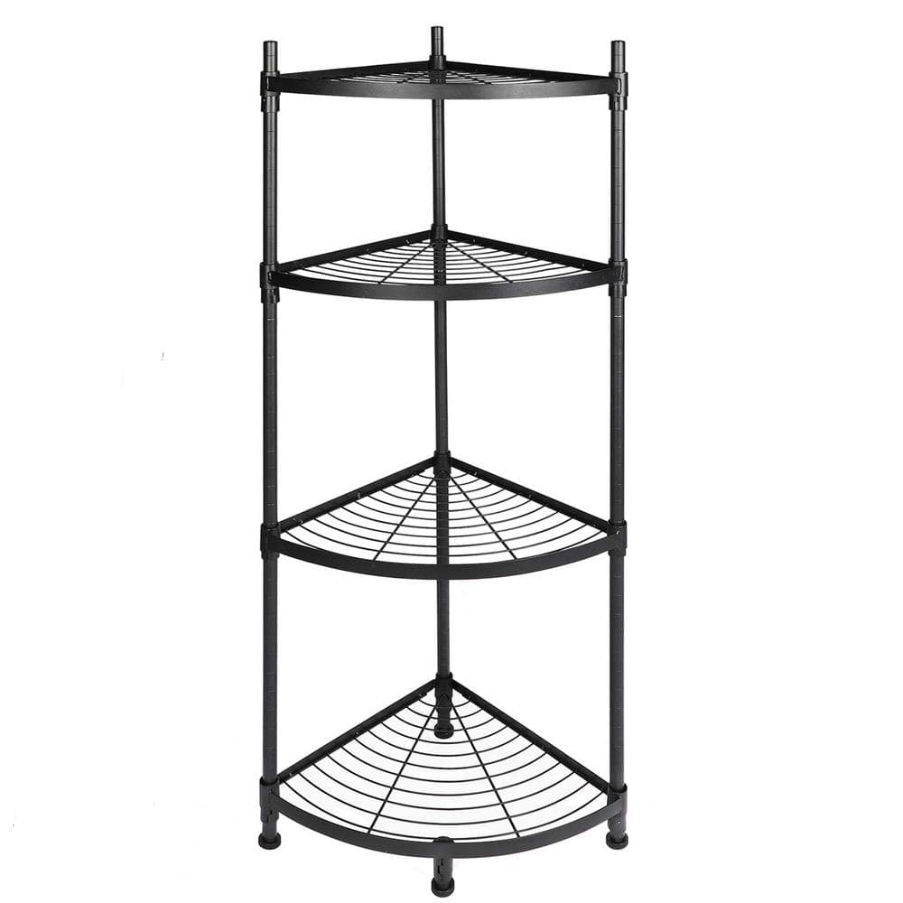 4-Shelf Corner Display Rack Multipurpose Metal Pantry Organizer Shelving Unit, Bookcase Storage Rack Plant Stand, Black