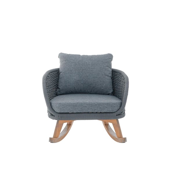 Gray Wicker Outdoor Rocking Chair with Gray Cushions and Natural Wood Frame