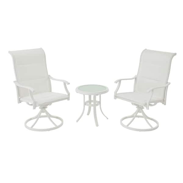 Hampton Bay Riverbrook Shell White 3-Piece Outdoor Patio Aluminum Round Padded Sling Swivel Seating Set