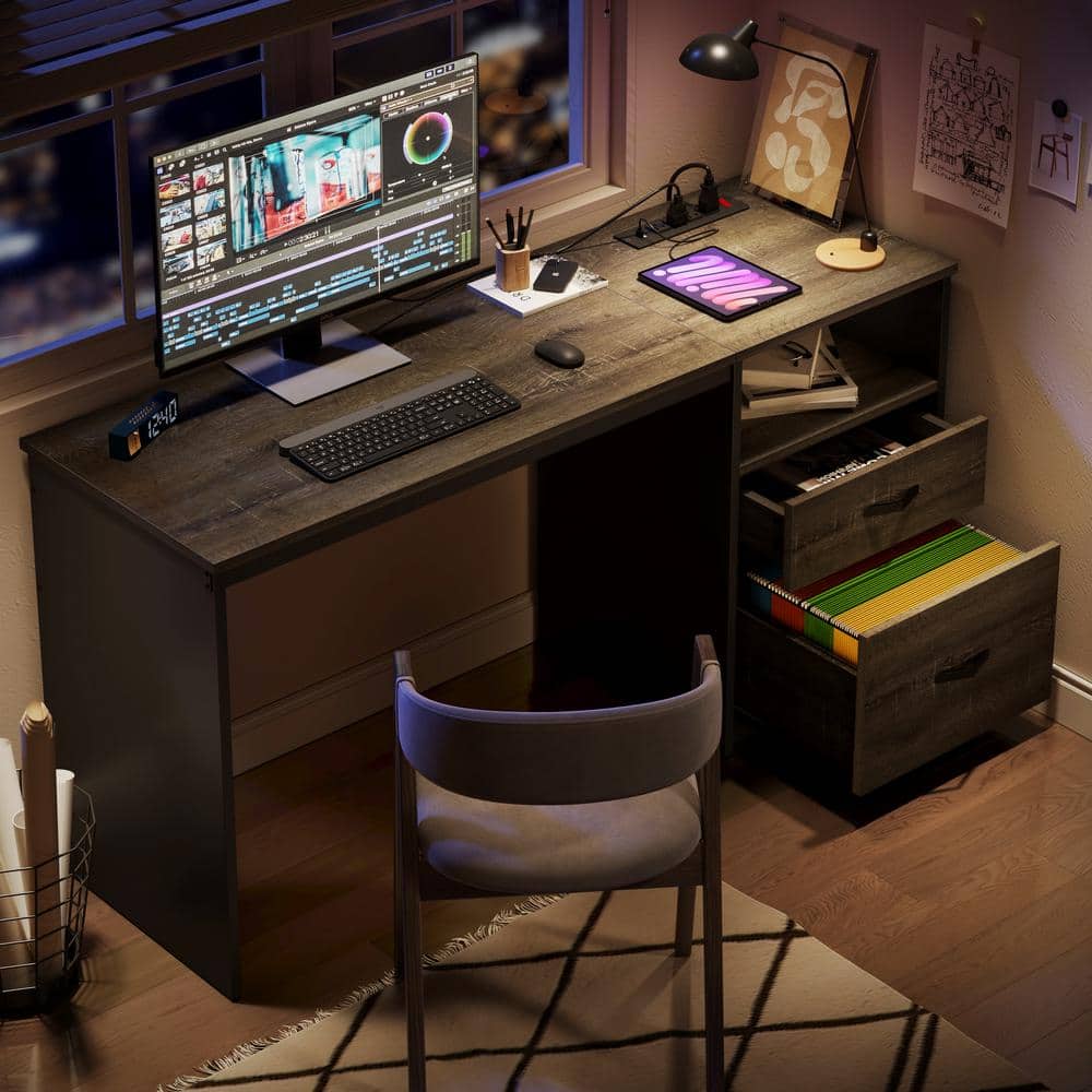 Retro Grey Oak Adjustable Height Standing Desk with Drawer and Power Outlet