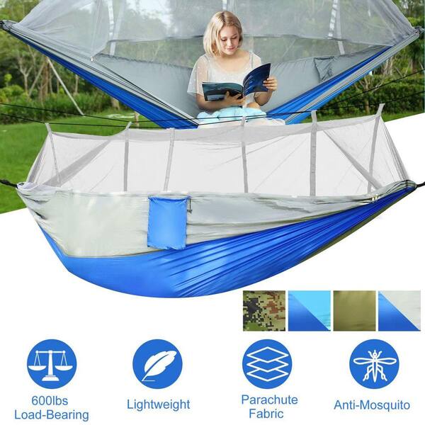 Hammock Hub Double Parachute Nylon Hammock With Mosquito Net – Blue, 550 LBS