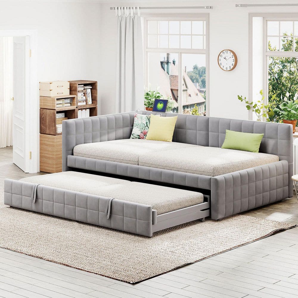 Gray Full Size Daybed with Twin Size Pop Up Trundle and USB ports