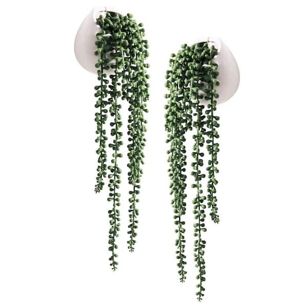 17.7 in. Green Fake Hanging Plants, Artificial Succulents Hanging Plants in White Ceramic Pots (2-Pack)
