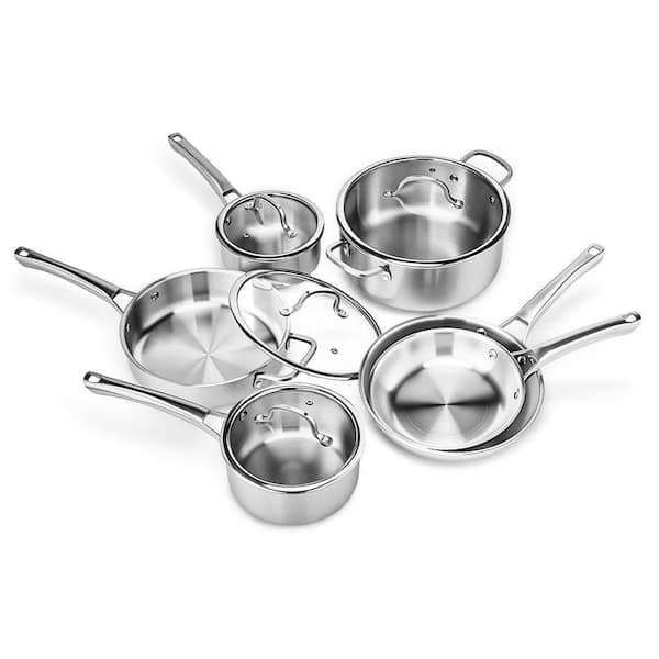 10 Piece Stainless Steel Cookware Set Tri-Ply Pots and Pans Set with Lids