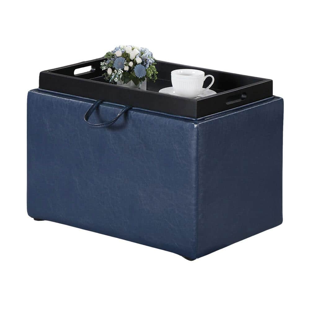 Blue Tufted Faux Leather Storage Ottoman with Tray