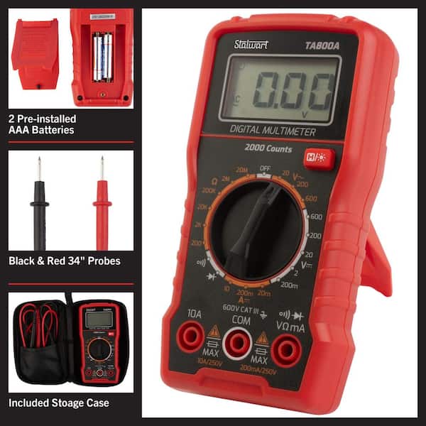Digital Volt Meter with Backlit Display and Needle Probes for AC/DC Voltage, DC Current, and Wire Continuity (Red)