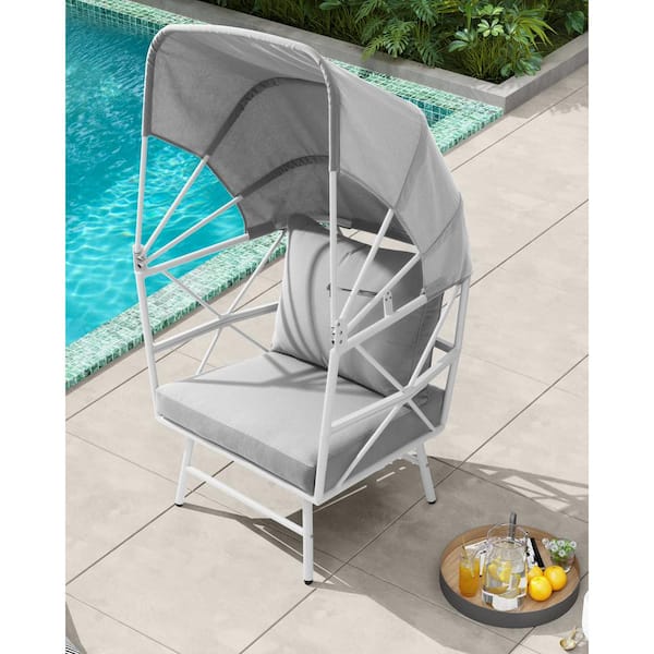 Pellebant All Weather Aluminum Classic Outdoor Egg Lounge Chair with Gray Cushions and Sun Shade Cover