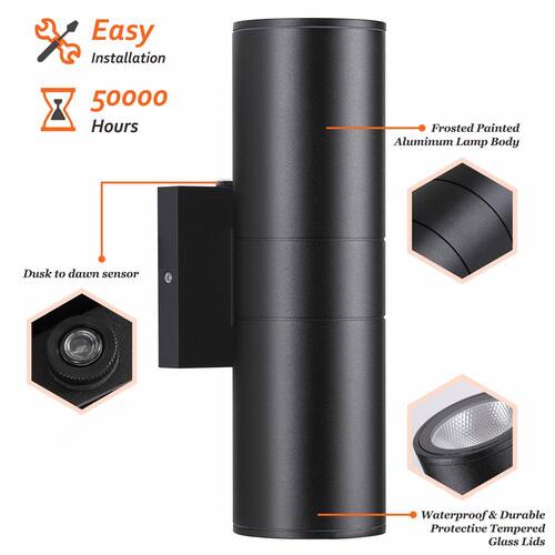 12-Watt Black Dusk to Dawn Cylinder Outdoor Hardwired Wall Lantern Sconce with Integrated LED, 2700K (2-Pack) Lighting