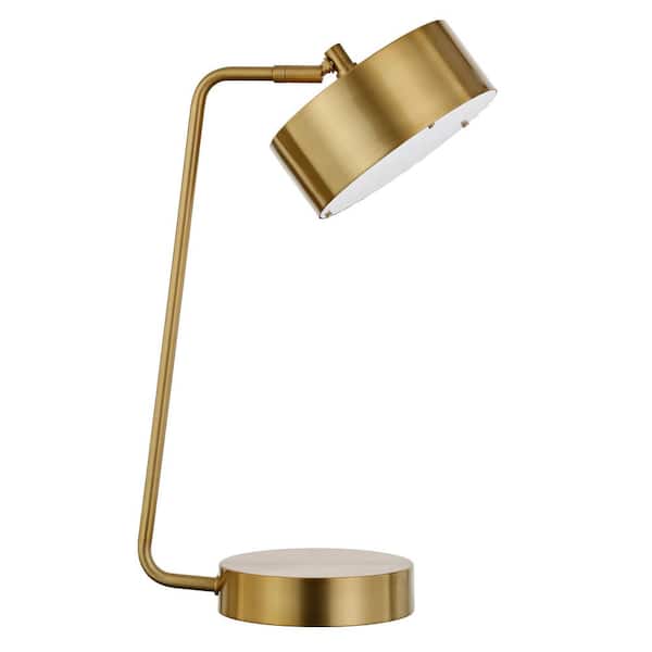 HomeRoots 18 in. Brass Mid-Century Integrated LED Bedside Table Lamp with Brass Metal Shade