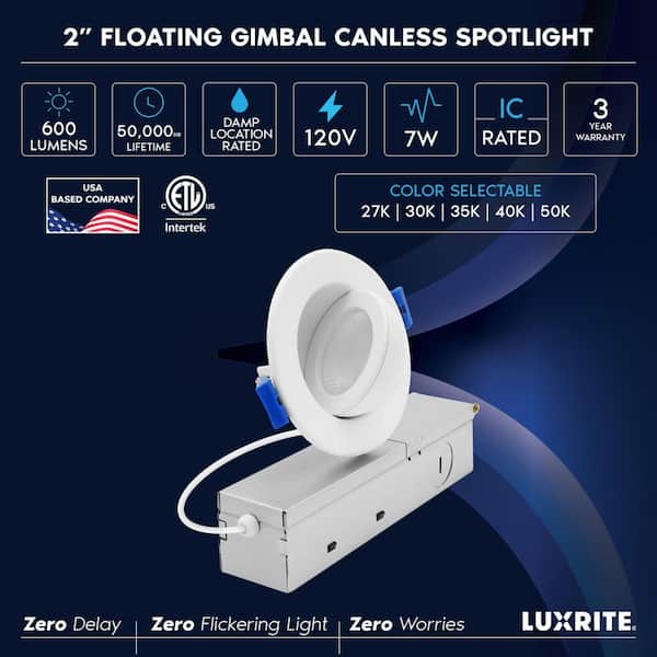 2 In. Floating Gimbal LED Recessed Light, Adjustable 360° Rotation & 90° Tilt, 5CCT, 7W, 600LM, Dimmable, ETL 4 Pack