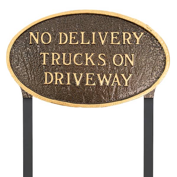 Montague Metal Products No Delivery Trucks on Driveway Standard Oval Statement Plaque with 17.5 in. Lawn Stakes-Hammered Bronze