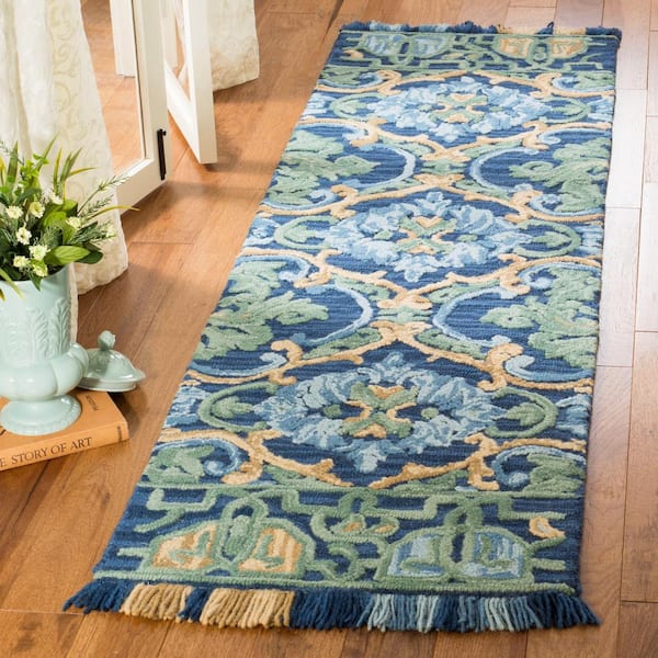 Blossom Navy/Green 2 ft. x 14 ft. Border Runner Rug