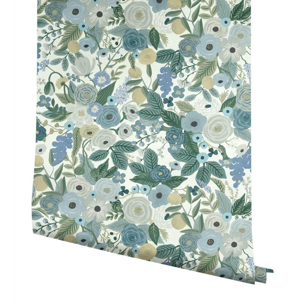 Blue Floral Self-Adhesive Removable Grasscloth Wallpaper Roll