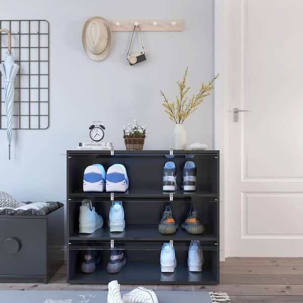 31.3 in. H x 14.76 in. W Black 12-Color LED Shoe Storage Cabinet with Glass Doors & Dust Protection