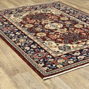Lillian Red/Blue 10 ft. x 13 ft. Bohemian Traditional Oriental Wool/Nylon Blend Fringed-Edge Indoor Area Rug