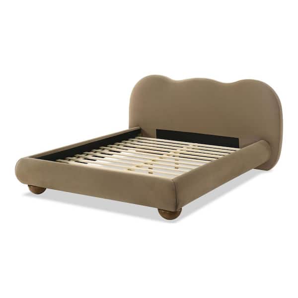 Synda Brown Wood Frame King Low Profile Upholstered Platform Bed with Bun Feet